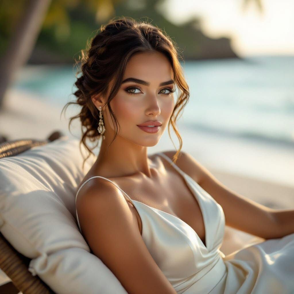 Elegant Italian Woman in Silk Gown on Tropical Beach