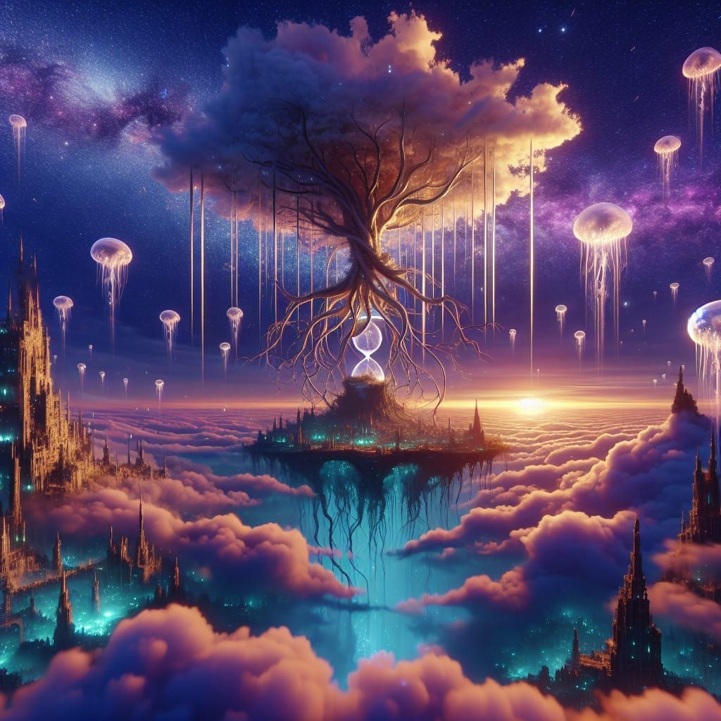 Floating Island City in Twilight Sky