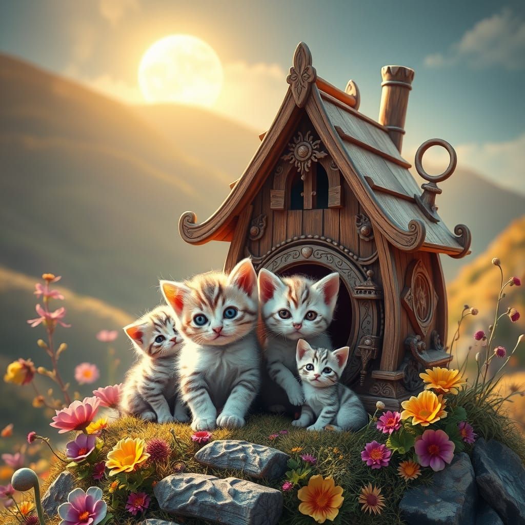 Whimsical Kitten Family in a Wooden Bell-Shaped House on a L...