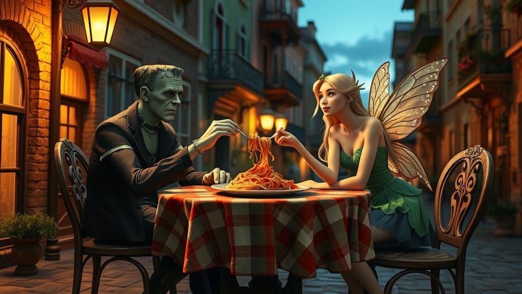 Romantic Spaghetti Dinner with Frankenstein and Fairy