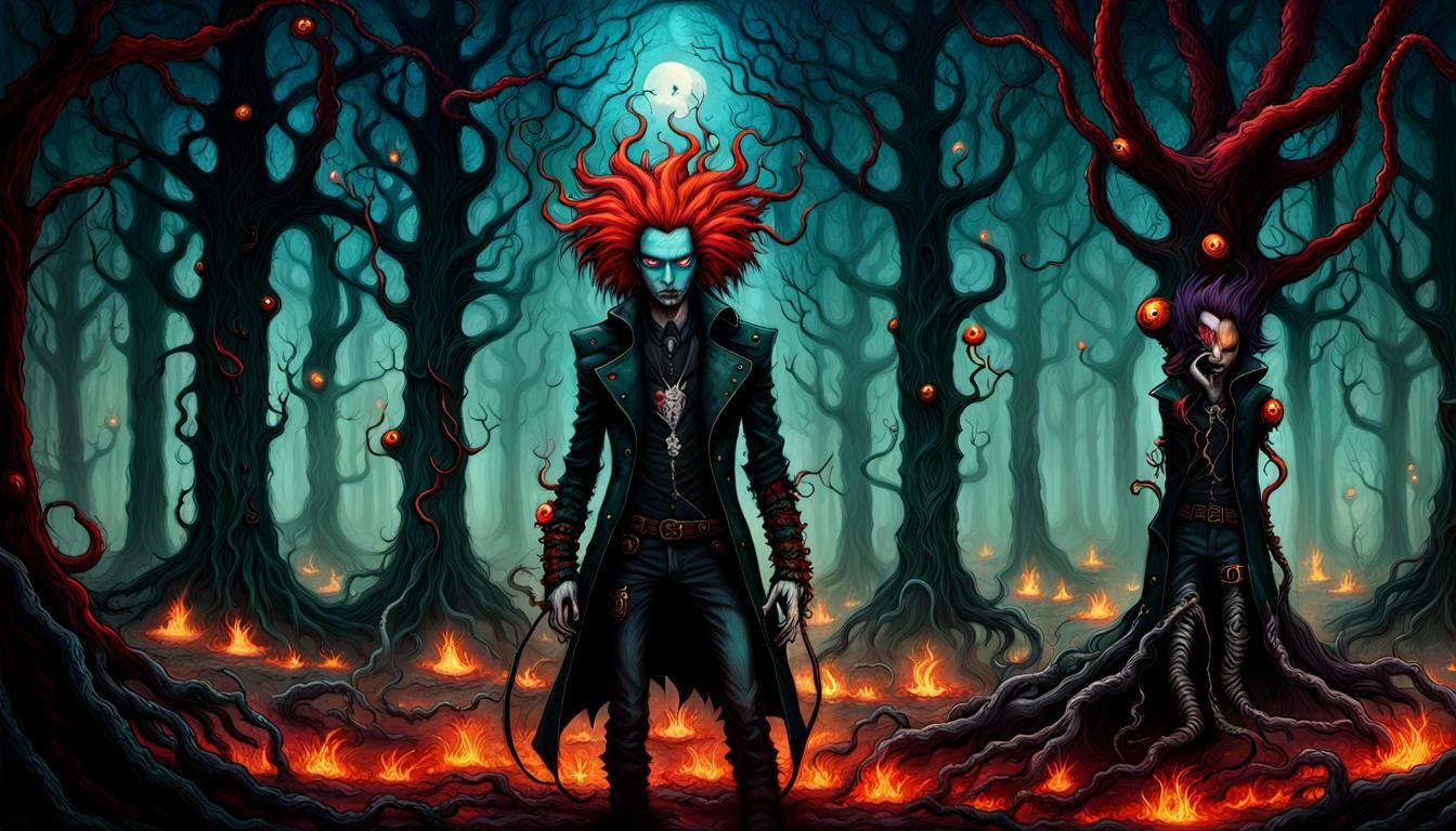 Cyberpunk Rocker in Nightmare Forest: Surreal Art