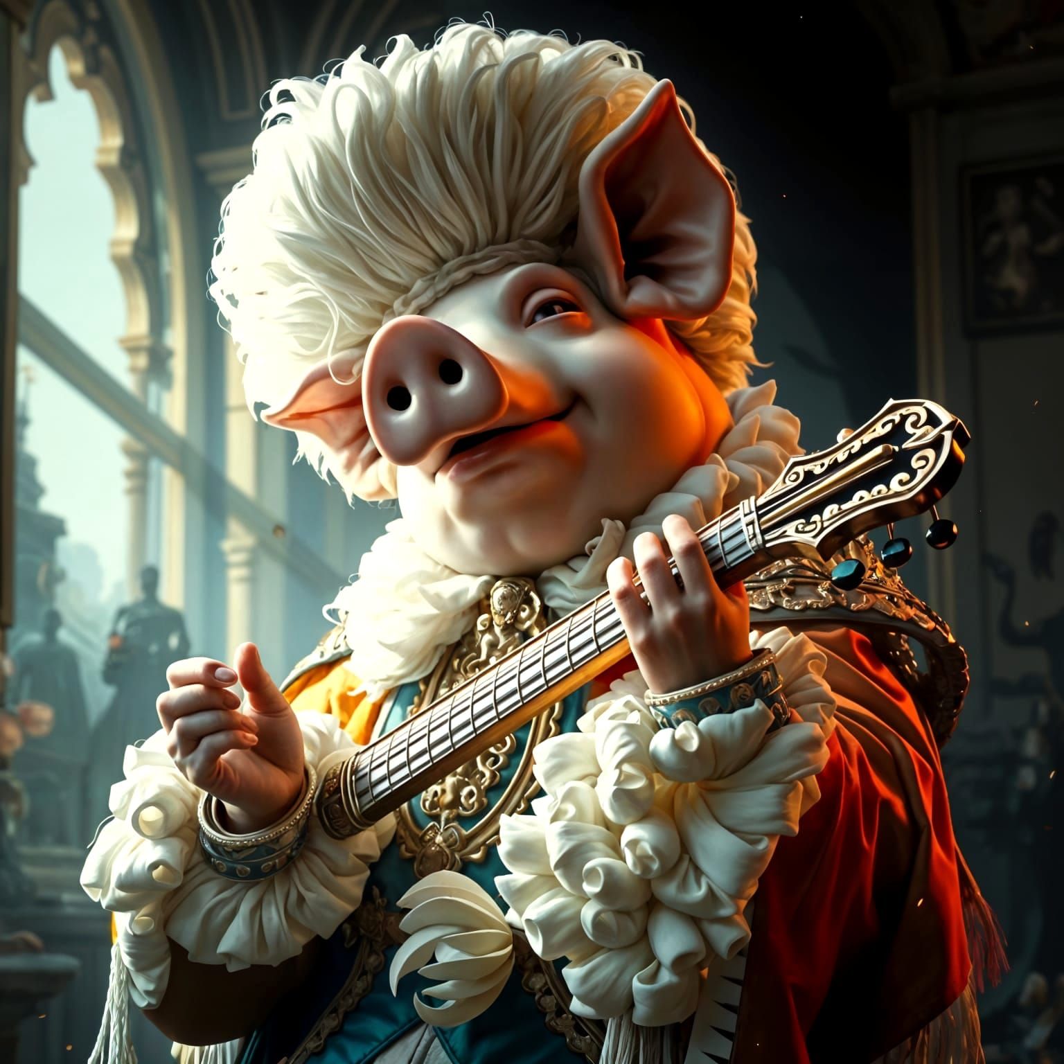 Anthropomorphic Pig Playing Spinet in Rococo Style