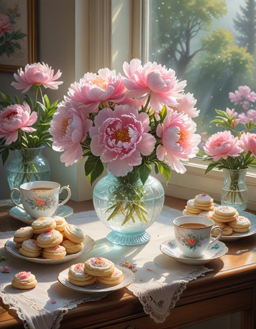 Whimsical Watercolor Peonies with Teacup and Cookies