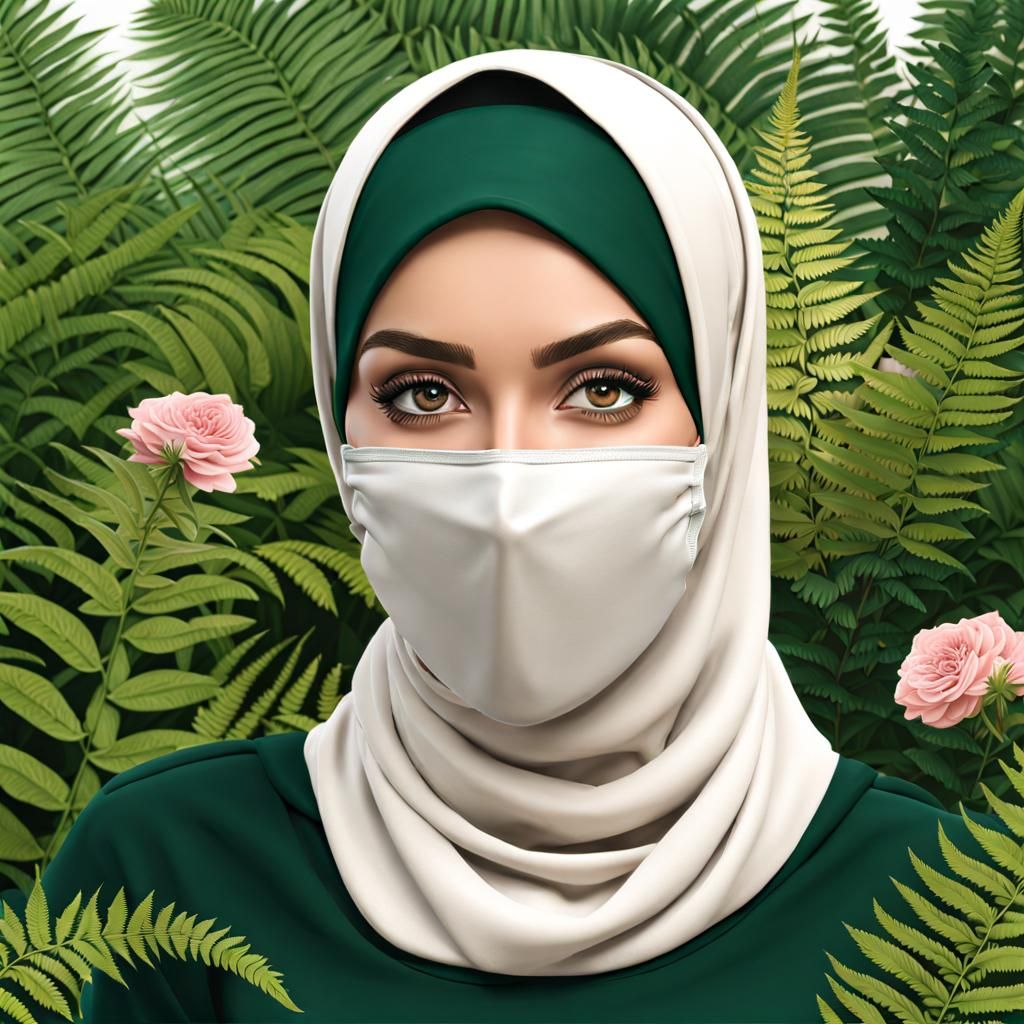 Beautiful Woman in Hijab and Mask in Botanic Garden