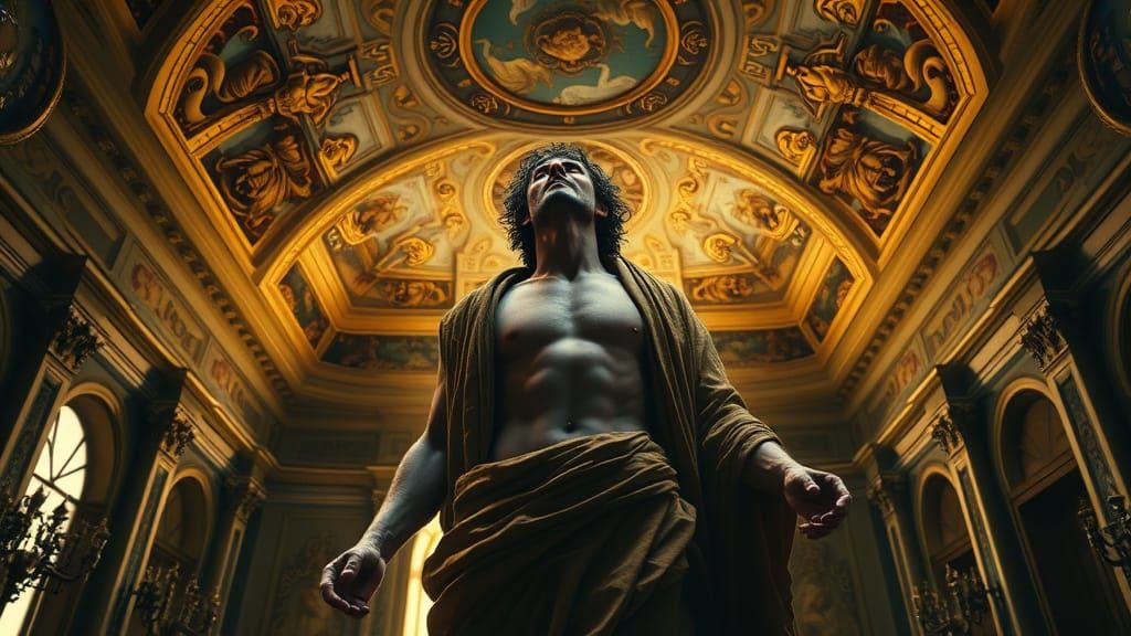 Resurrected Man Ascending in Baroque Villa