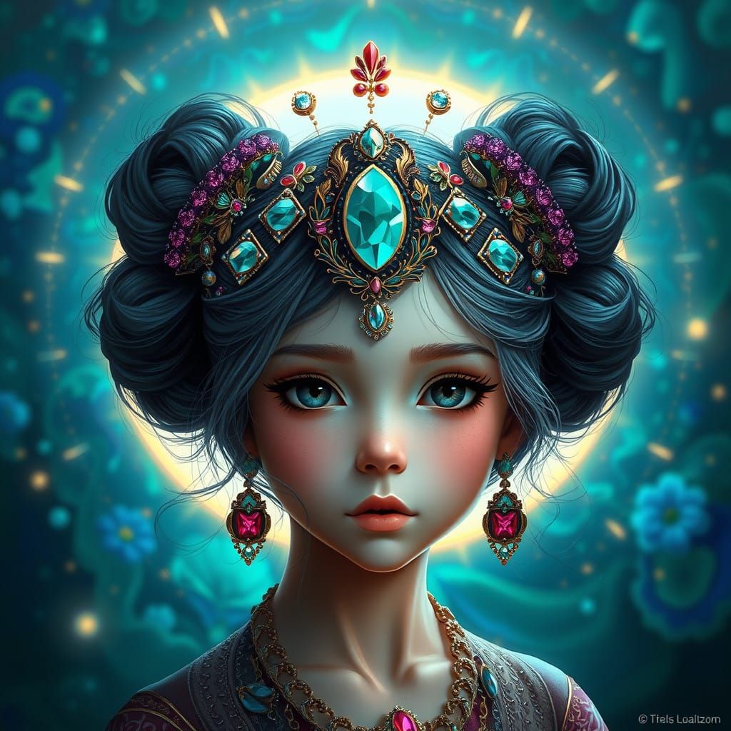 Girl in Ethereal Splendor, Adorned with Gemstone Headpiece