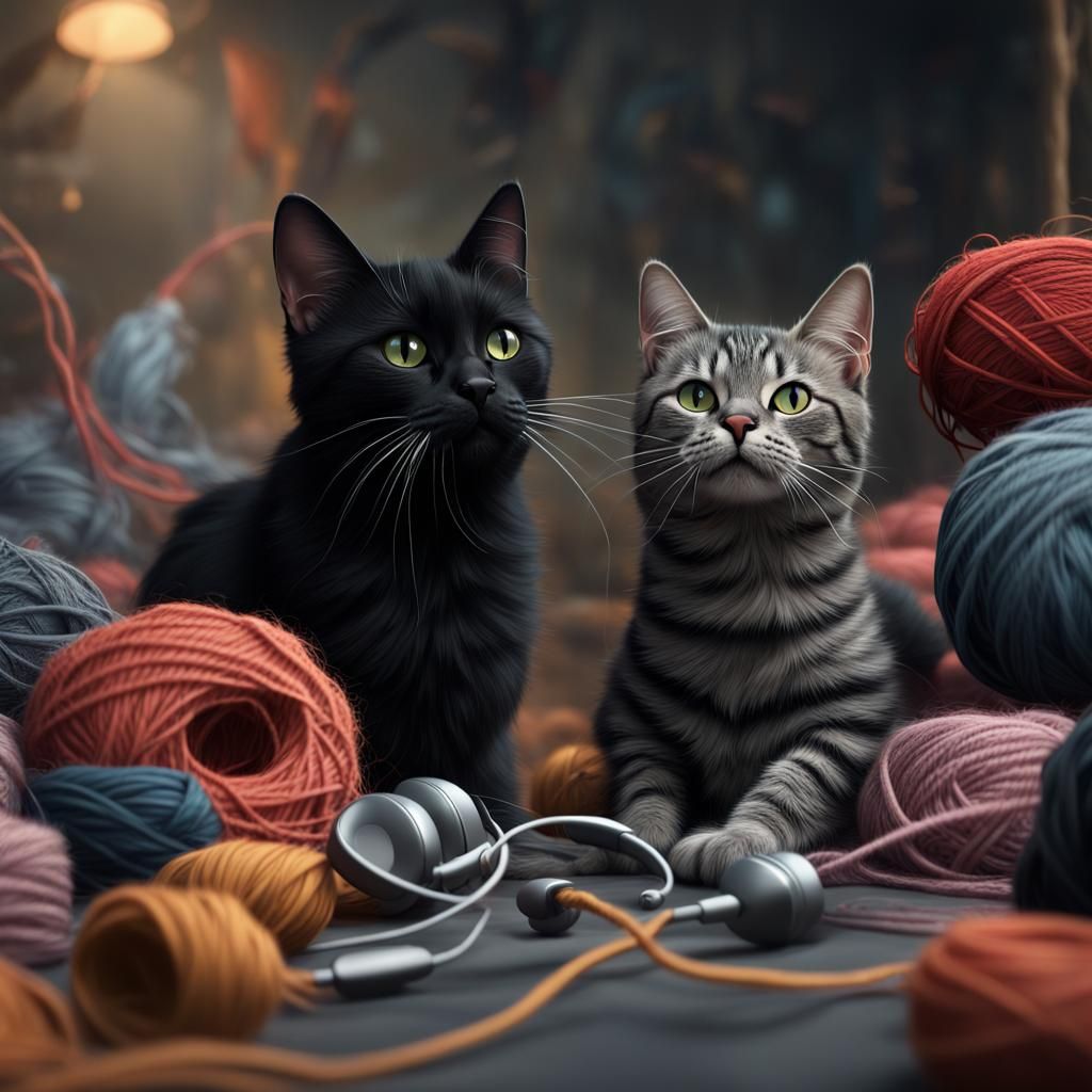 Black Cats Playing with Yarn, Fantasy Concept Art