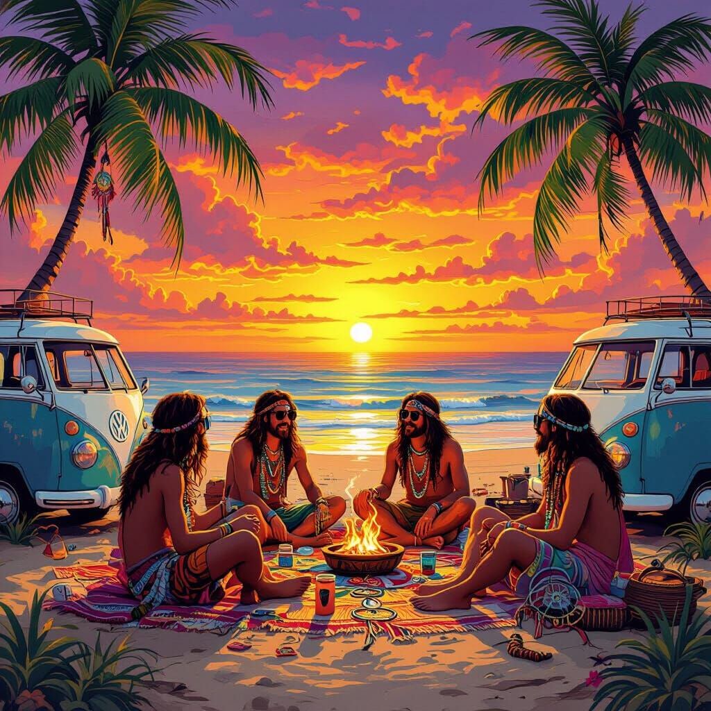 Goa Beach Sunset: A Retro Psychedelic Hippie Gathering