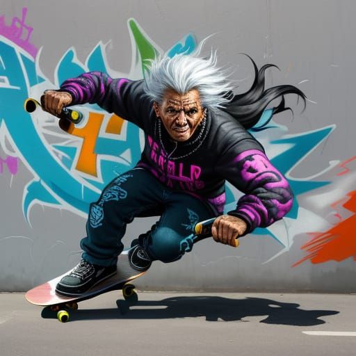 Elderly Skateboarder in Gritty Urban Art Style