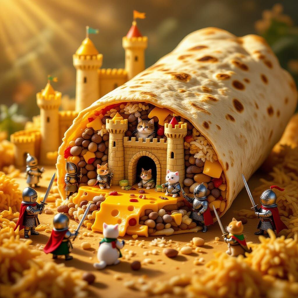 Burrito Kingdom Ruled by Cats in Whimsical Style