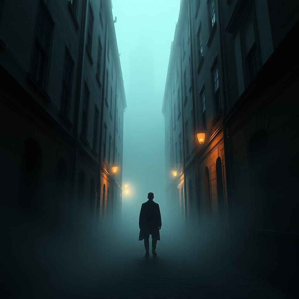 Mysterious Figure in Fog-Shrouded Alleyway
