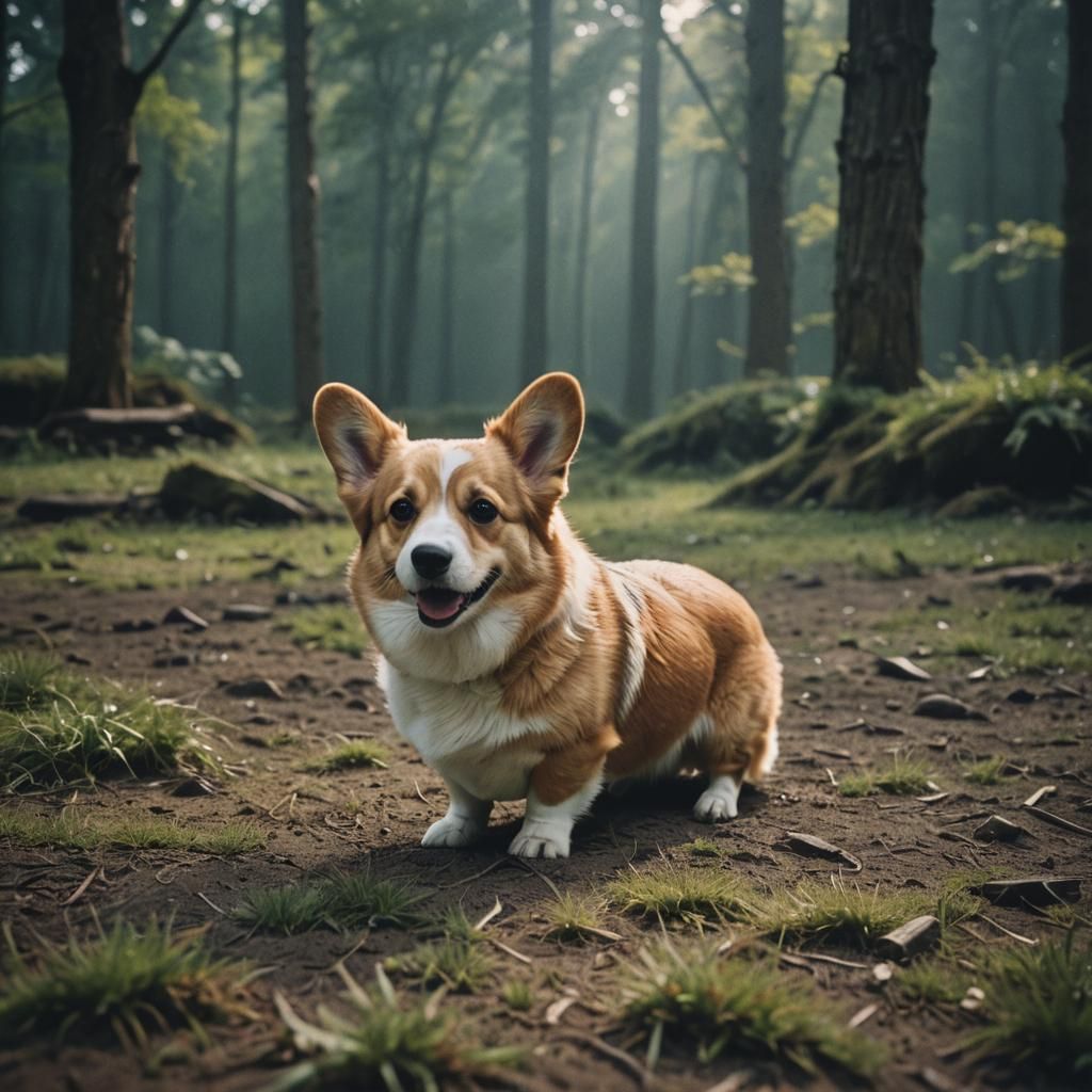 Cinematic Corgi Film Still in 35mm