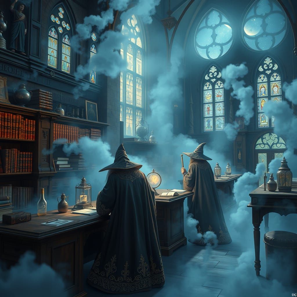 Wizards working in room filled with smoke...