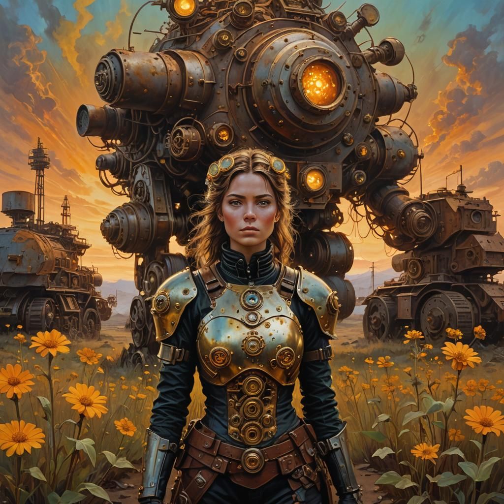 Steampunk Woman in Wasteland with Nuclear Flowers