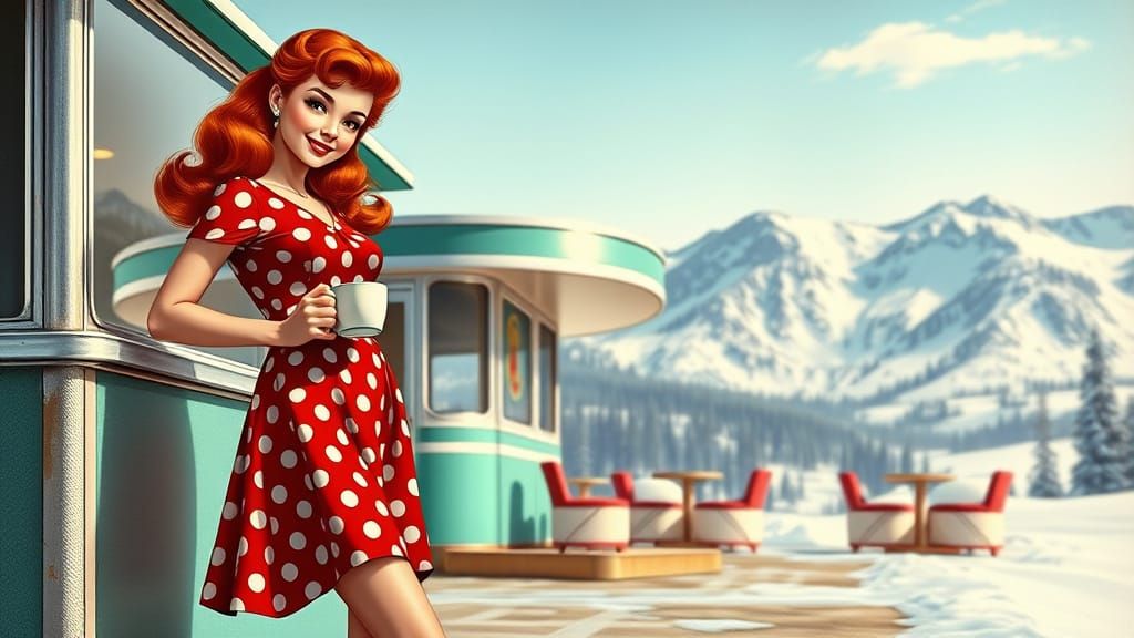 Retro Pin-Up Girl at Diner in Snowy Landscape