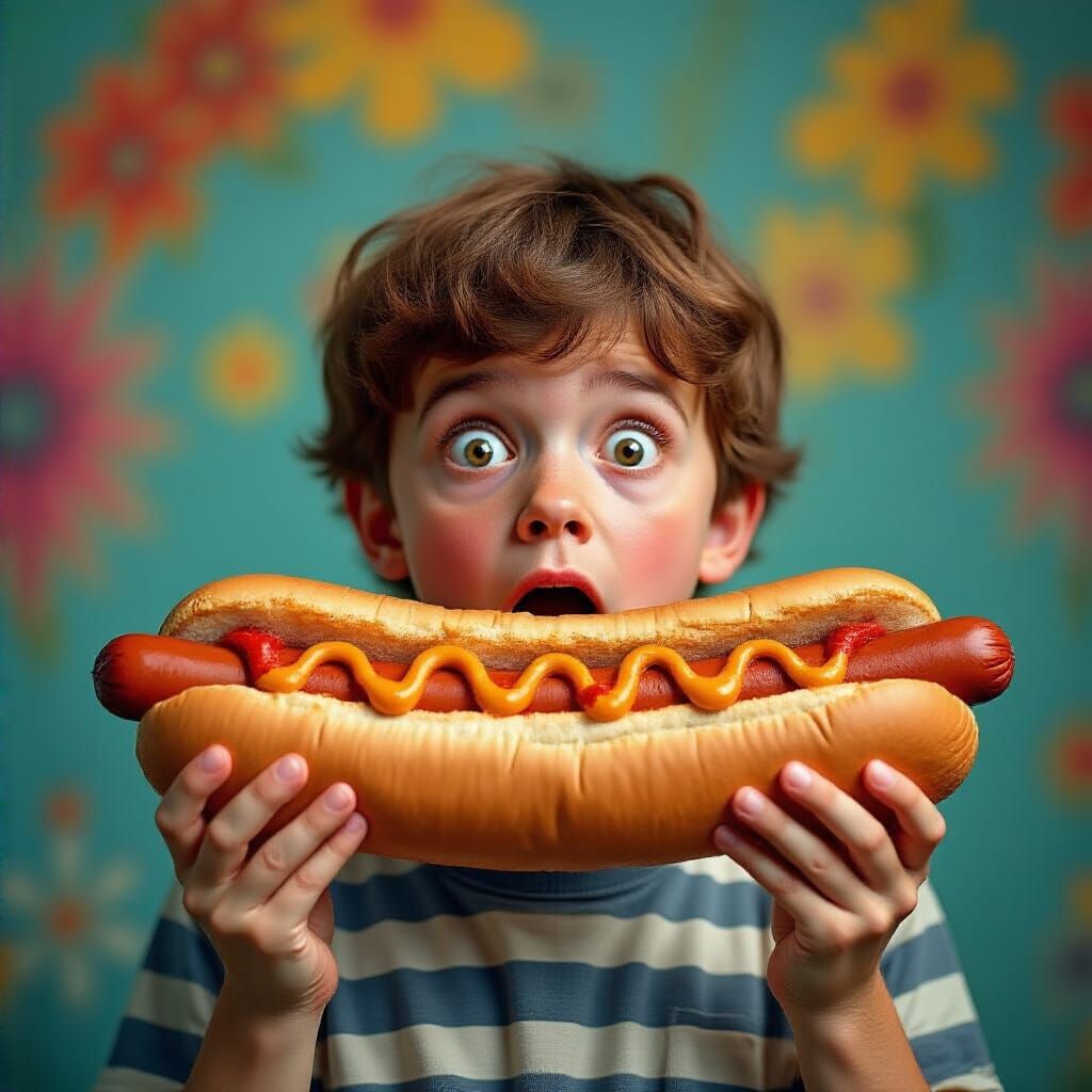 Boy with Giant Hot Dog in Hyperrealistic Style