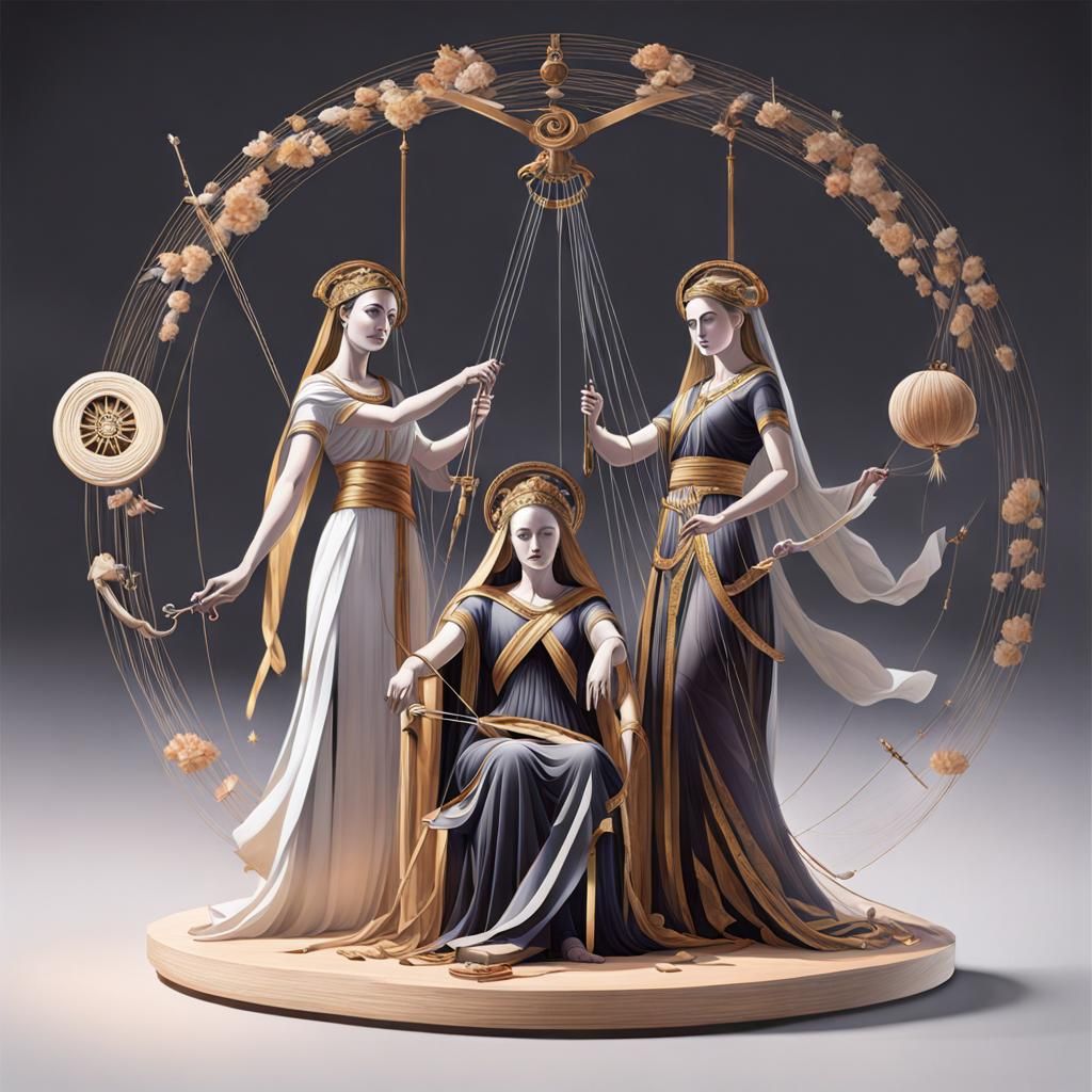 The Three Fates who spin, weave, and cut the thread of life.