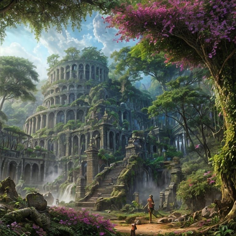 Luminescent Mesoamerican Ruins in Jungle, Detailed Matte Pai...