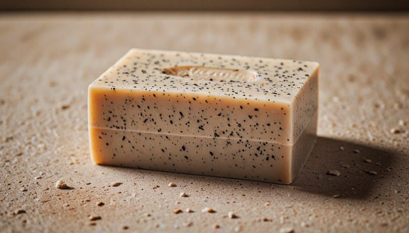 Beige Bar Soap on White and Brown Speckled Stone Soap Dish