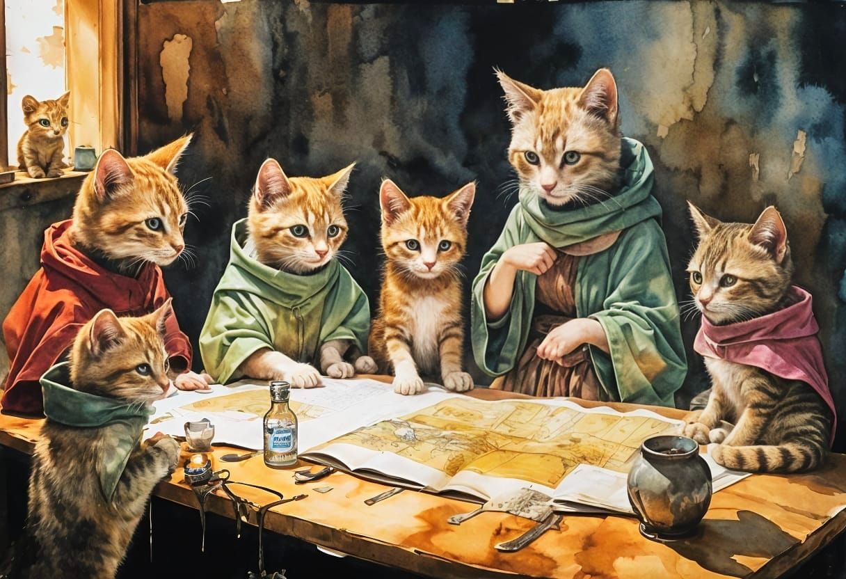 Kittens Plotting Strategy in Watercolour