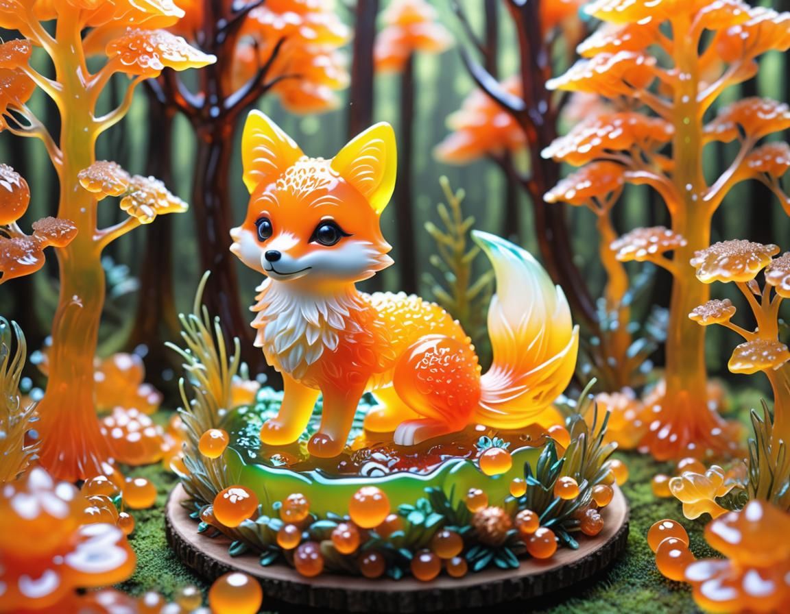 Orange Jelly Fox Sculpture in Bioluminescent Forest