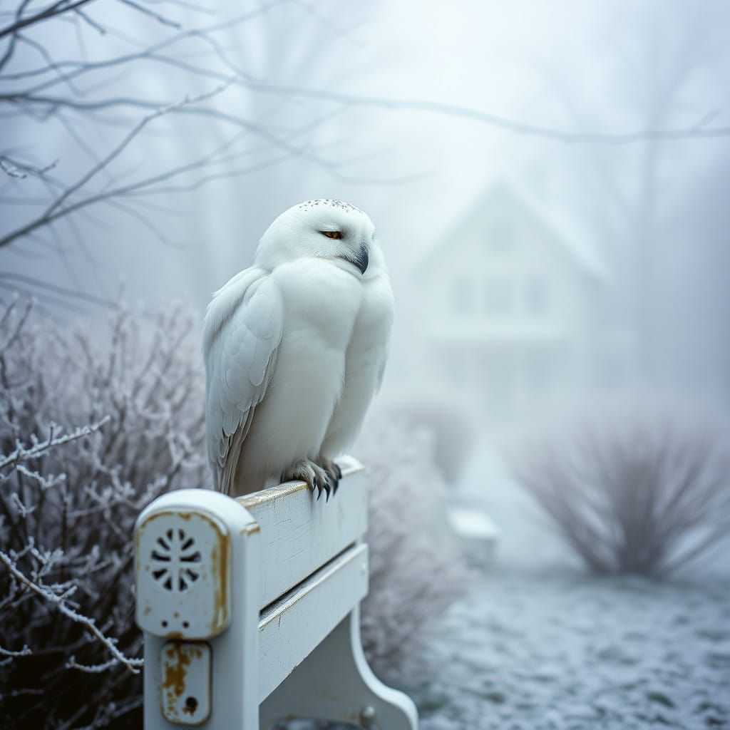 Surreal White Owl in Frosty Winter Landscape