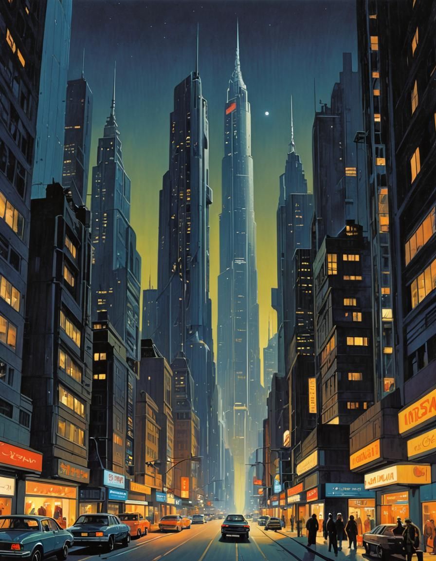 Futuristic Skyscraper at Night in 70s Sci-Fi Style