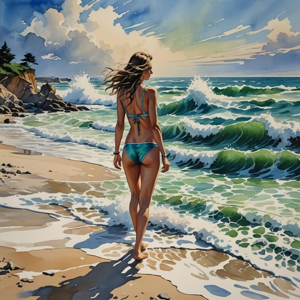 Woman Watches Waves on Shore in Gouache Painting