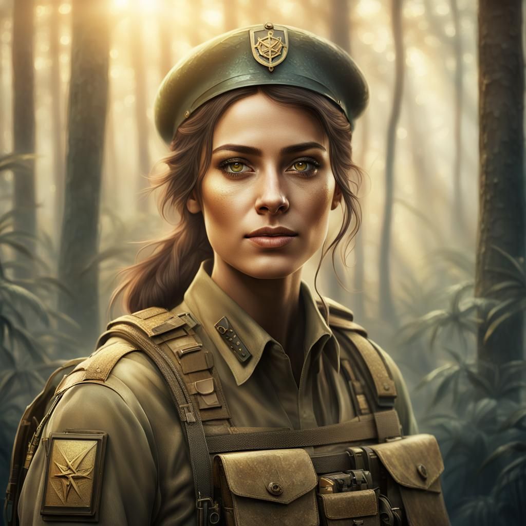 Beautiful Israeli Soldier in Misty Forest Portrait