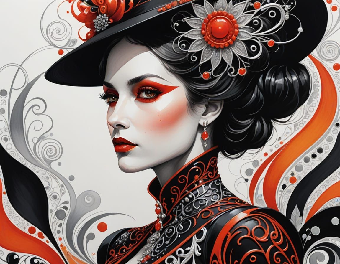 Whimsical Woman in Black Red Attire with Silver Details