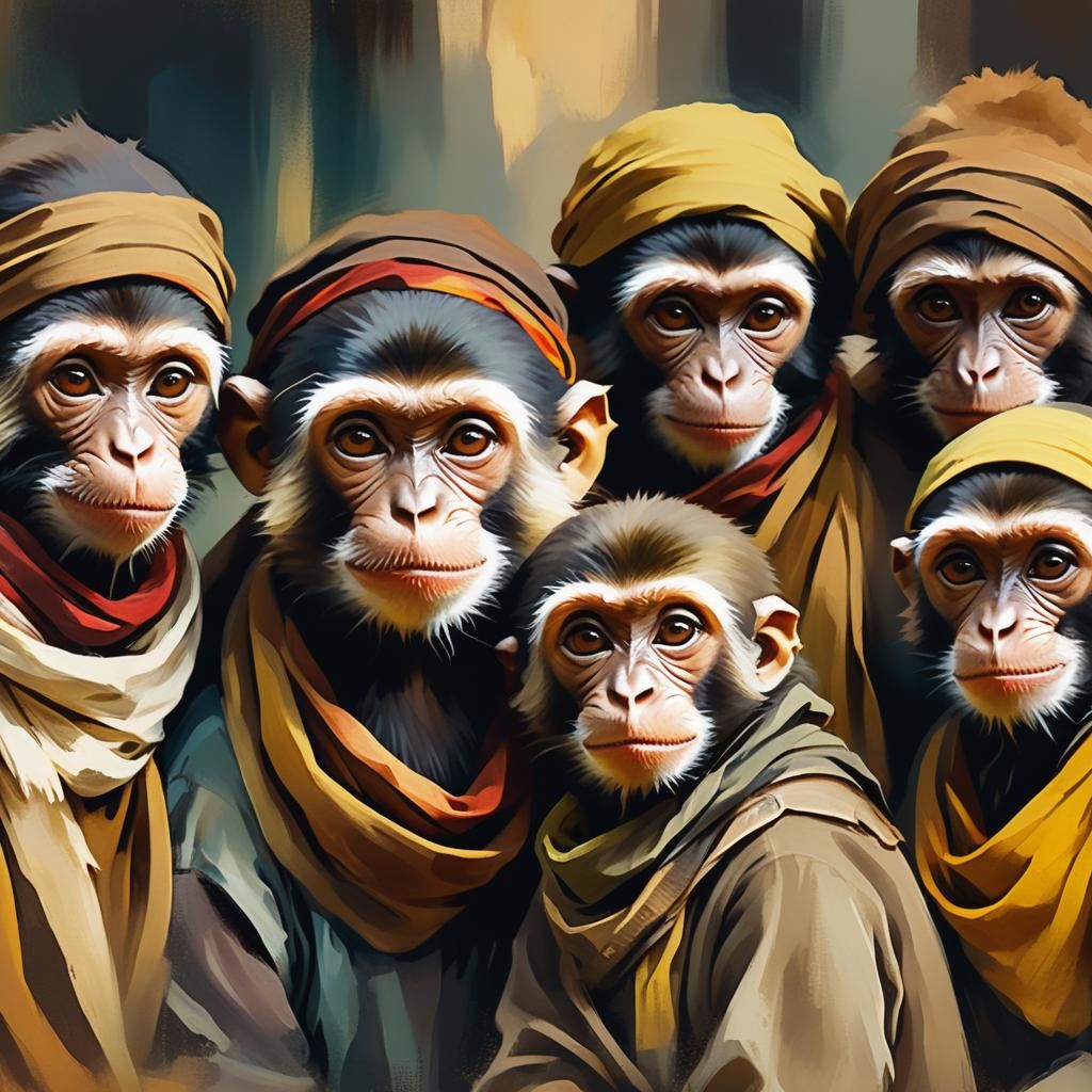 Fauvist Renaissance Painting of Bandana-Wearing Monkeys