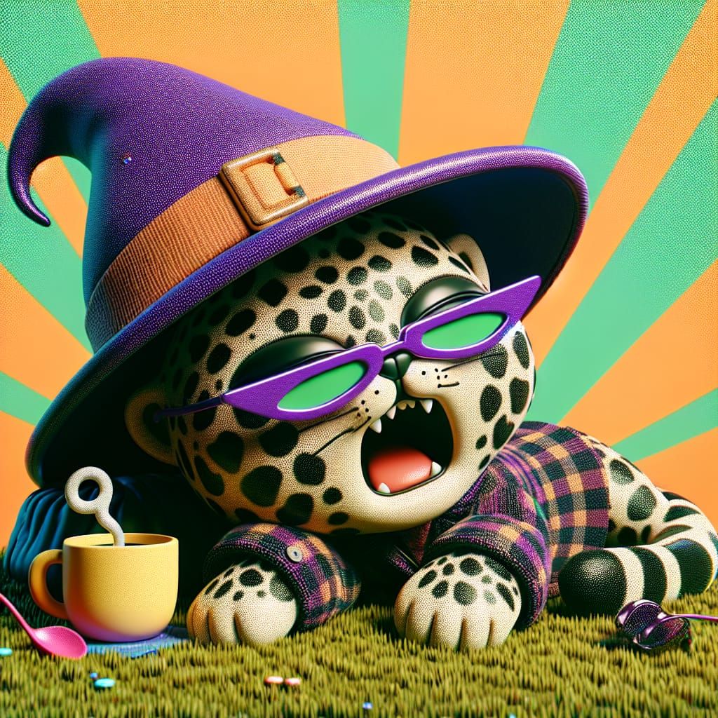 Cute Leopard in Witch Hat Yawning: Cartoon CGI