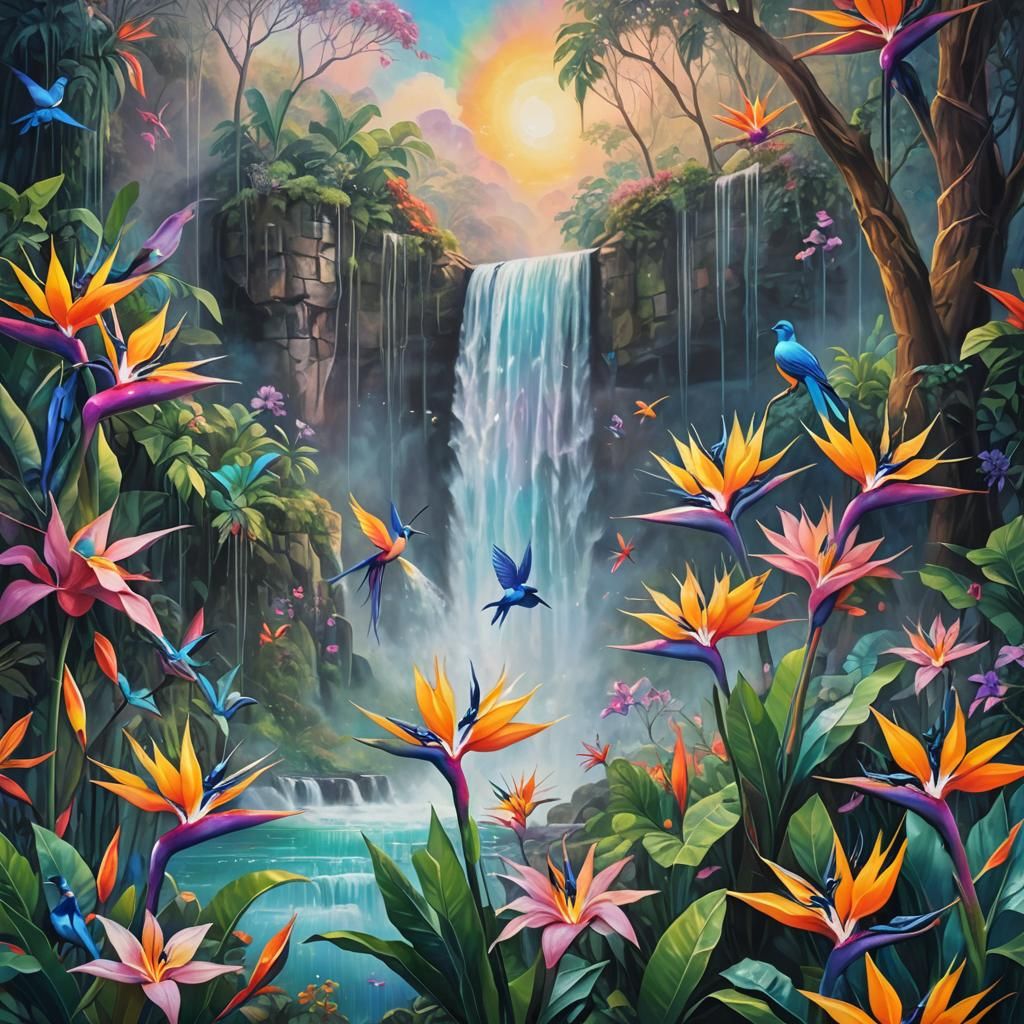 Birds of Paradise Waterfall in Surreal Oil Painting