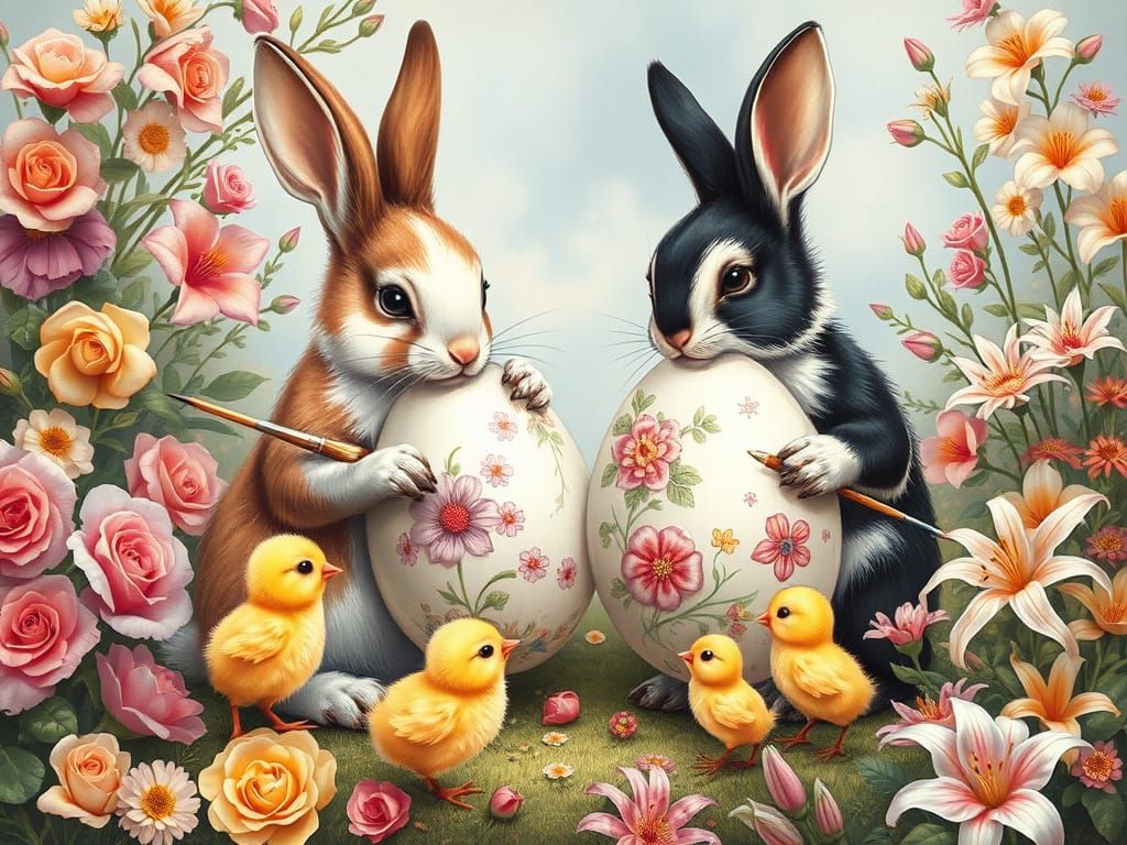 Whimsical Easter Scene with Bunnies and Chicks