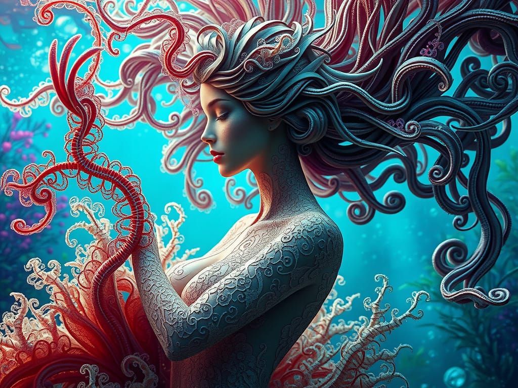 Hyperrealistic Algae Goddess in Lush Aquatic Ecosystem