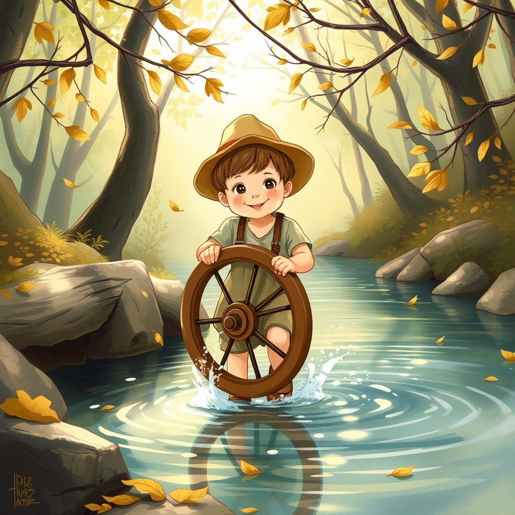 A Young Boy Plays with a Handcrafted Waterwheel in a Clear B...