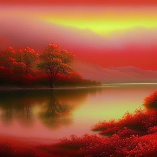 Ethereal Red Fantasy Landscape in Hyperdetailed Style