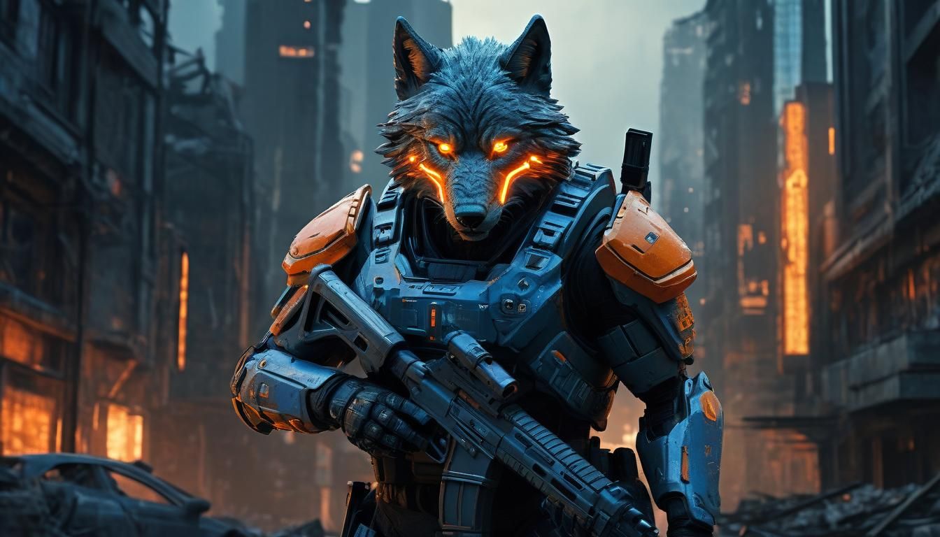 Futuristic Wolf Soldier in Ruined Cityscape