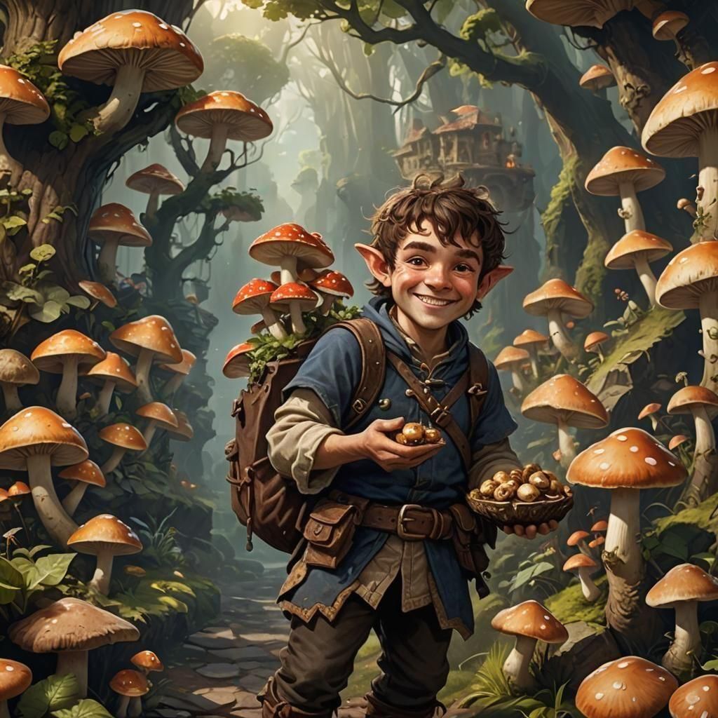 Cute Halfling Boy with Mushrooms, Digital Matte Painting