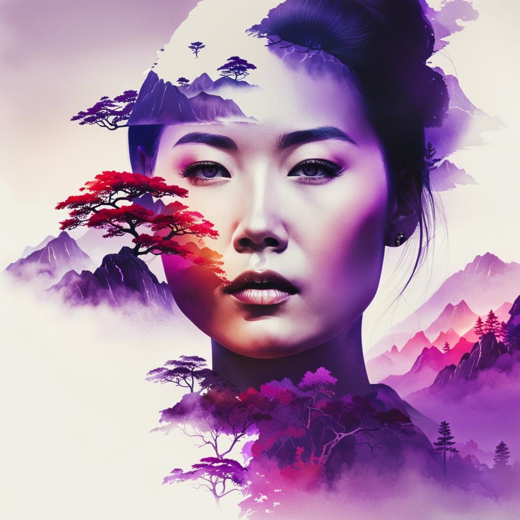 Chinese Girl: Double Exposure Sunrise Watercolor Portrait