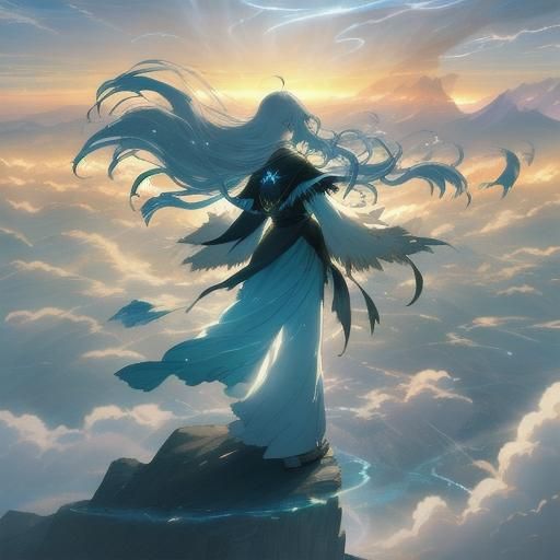 Anime Woman Commands Wind on Cliffside