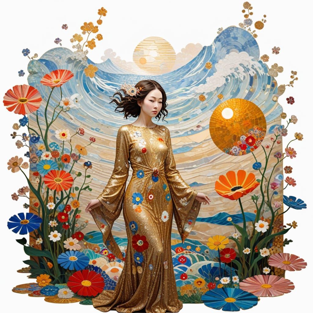 Woman in Golden Mosaic Gown at Sunset