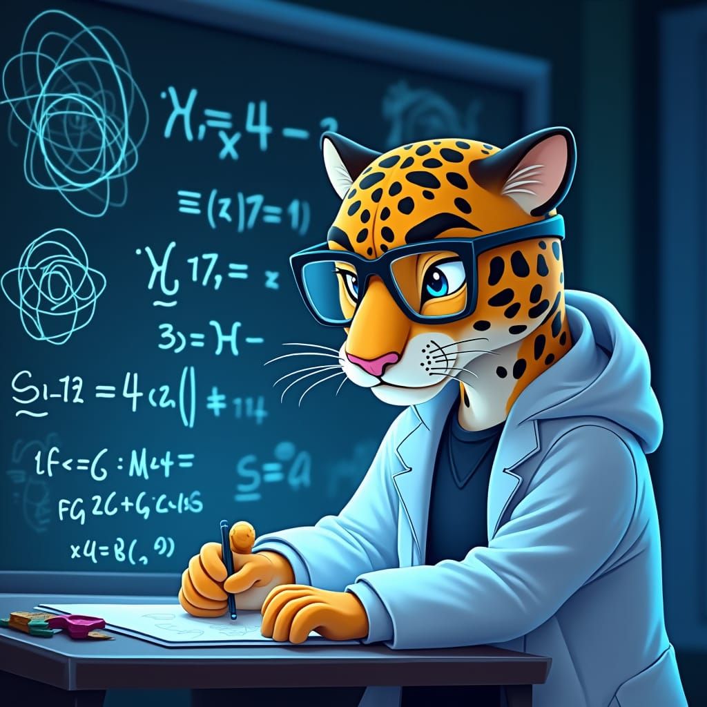 Cartoon Jaguar Scientist Solving Math Equations in Anime Sty...