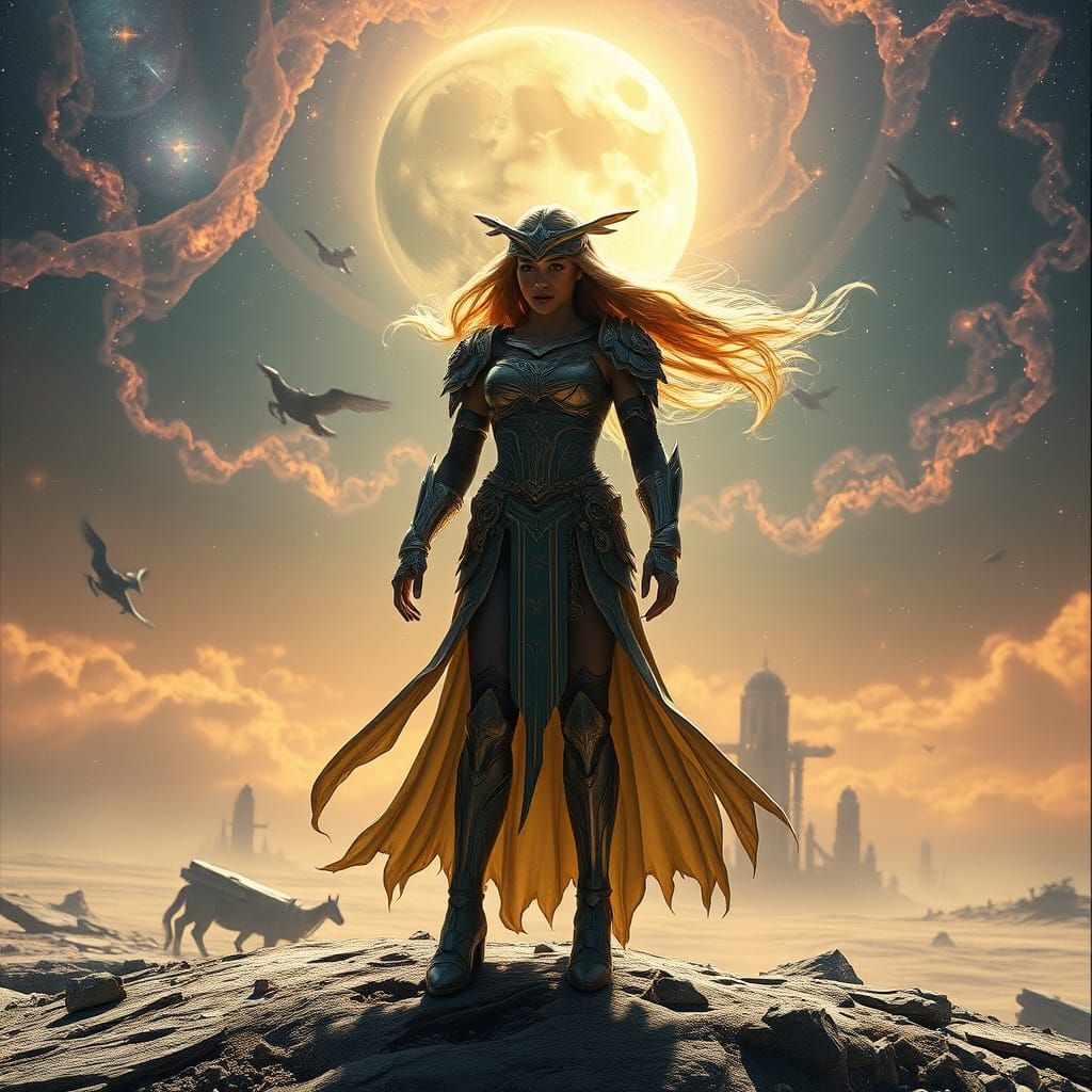 Celestial Warrior on Shattered Moon: Epic Digital Art