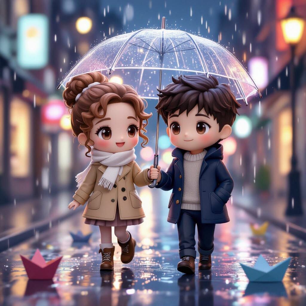 Chibi Couple Walking in Rainy City Night