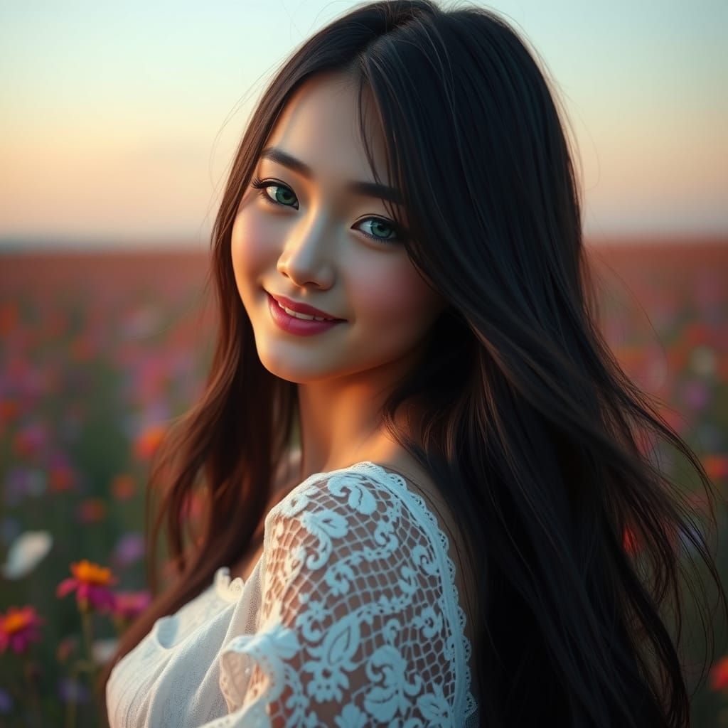 Beautiful Japanese Woman in Wildflower Field at Dawn
