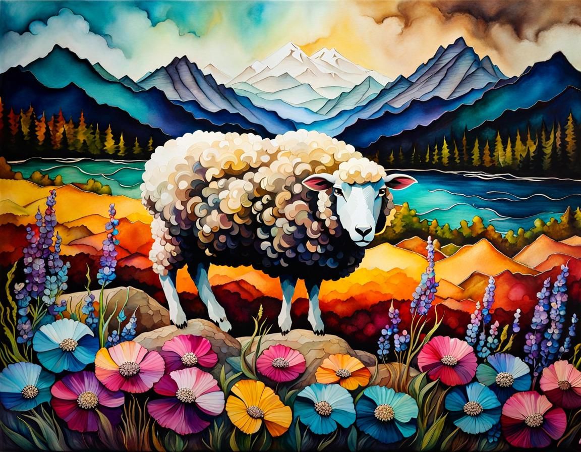 Alcohol Ink Sheep on Wildflower Tidalwave