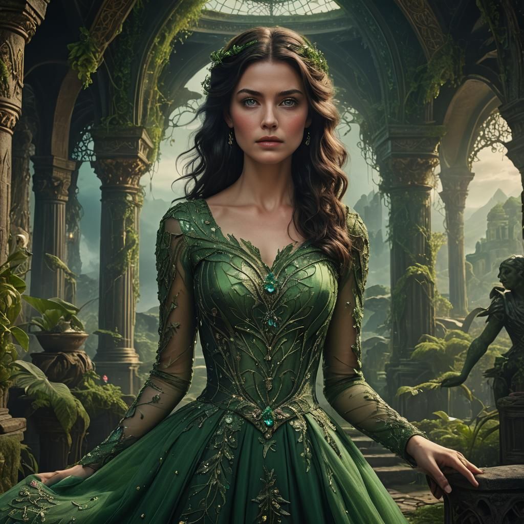 Enchanted Green-Eyed Woman in Elegant Gown