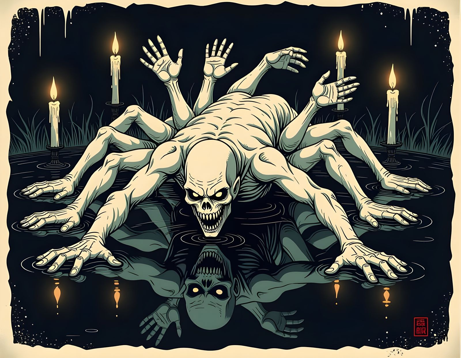 Horror Creature Crawling Across a Mirror Lake