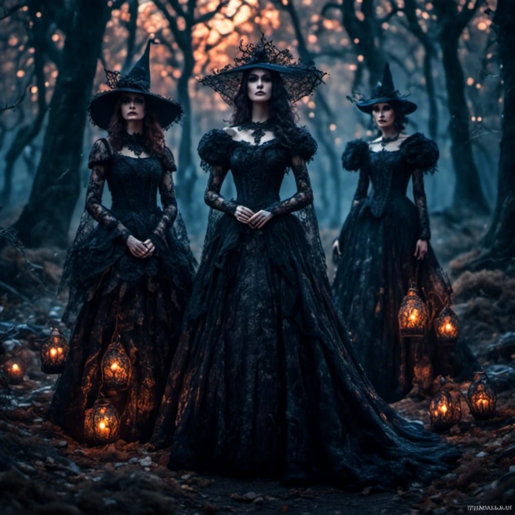 Gothic Witches Gazing at Sunrise: Art Nouveau Portrait